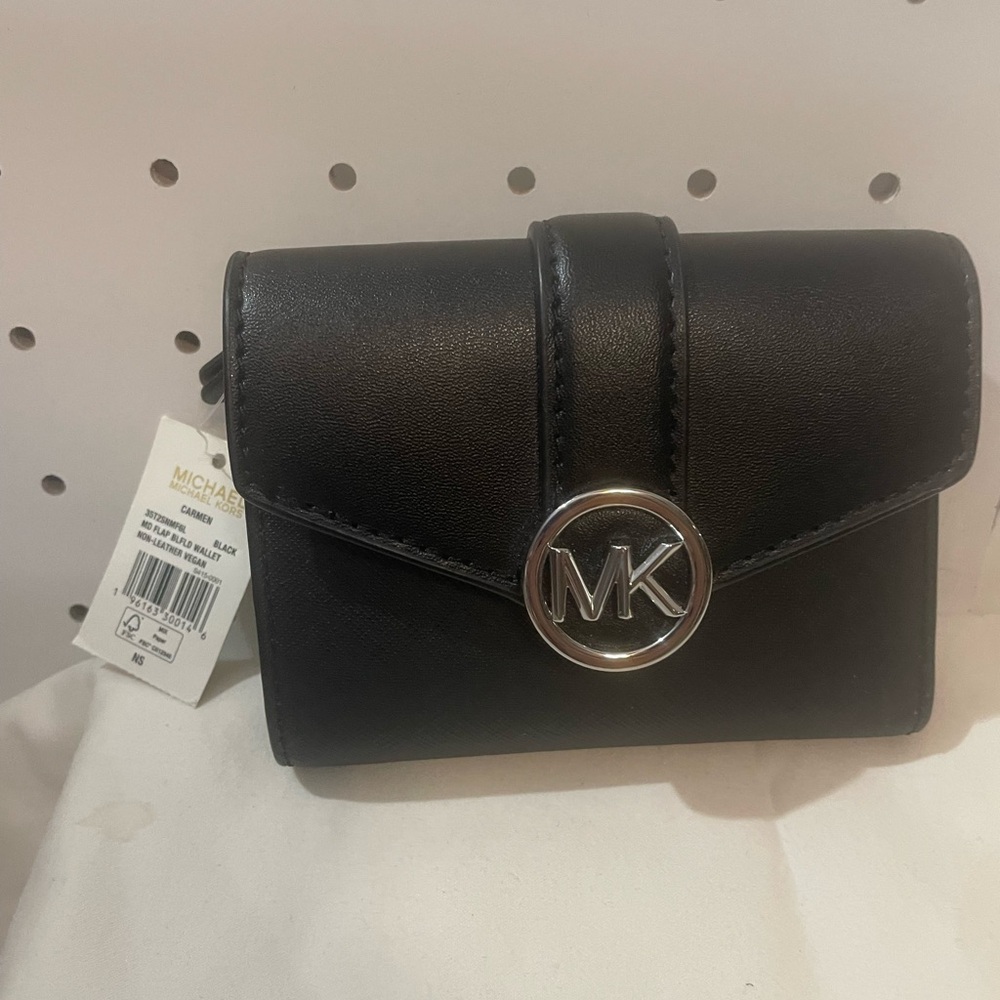 Michael Kors Carman Black W/ Silver MK Leather Flap Bifold Wallet